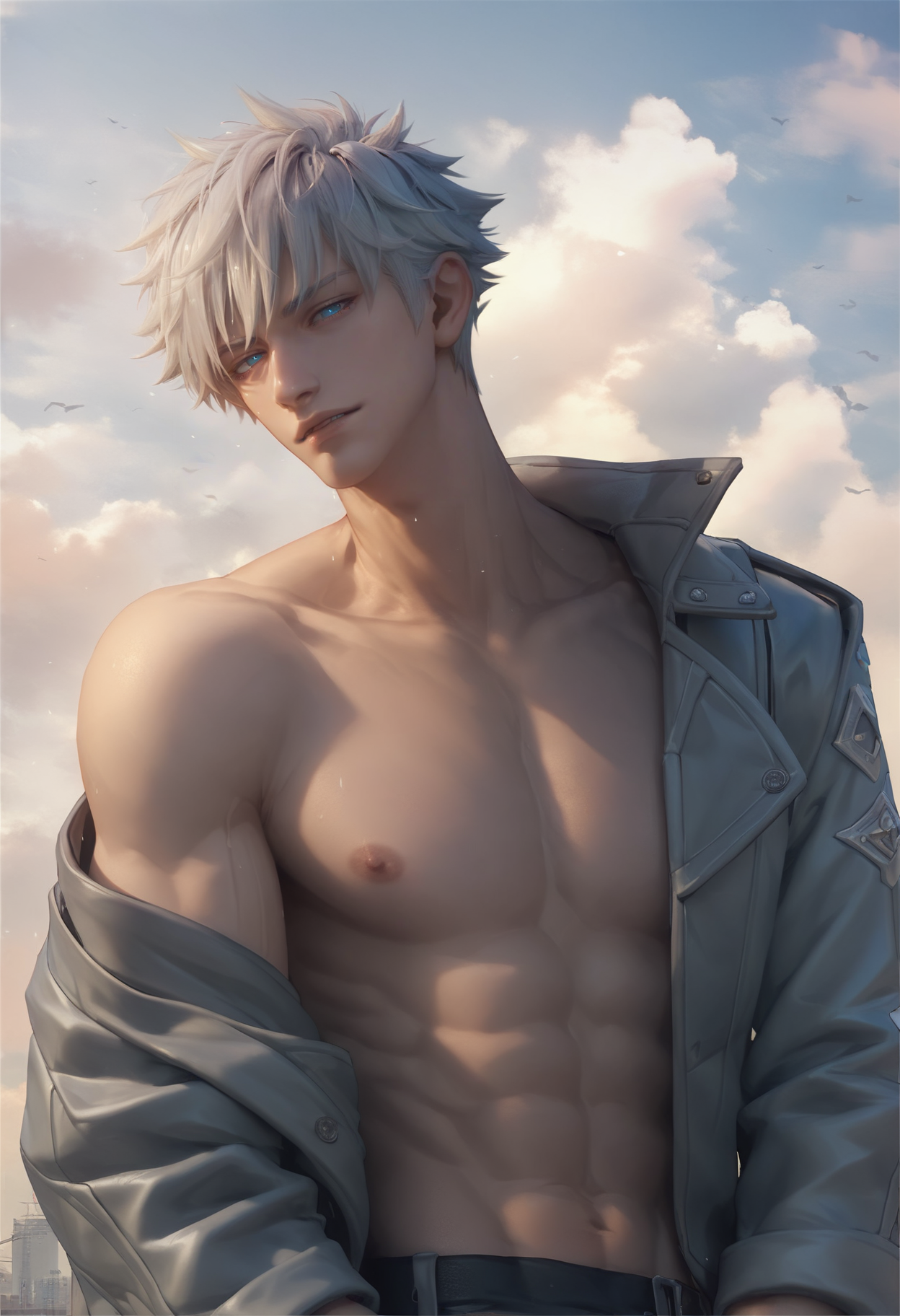 02353-472110291-_lora_artbyl2-000008_0.8_,art byl,1boy,solo,male focus,blue eyes,jacket,short hair,white hair,looking at viewer,outdoors,cloud,s.png